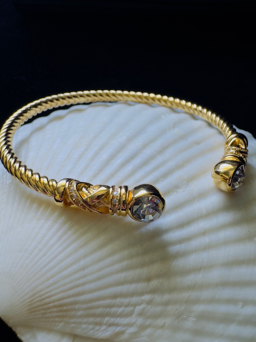 Gold Twisted Open Bangle with Crystal End Caps - Women Jewelry